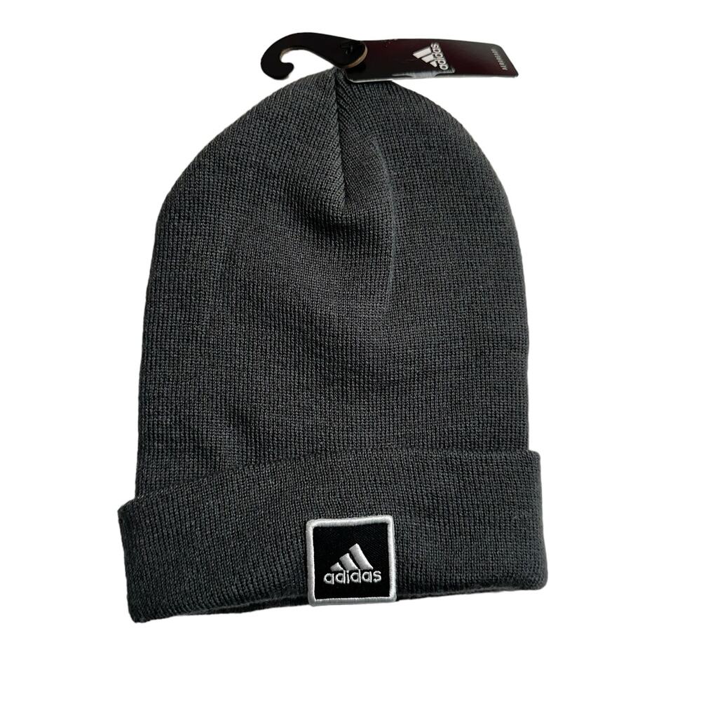 NWT Adidas Mens Wide Cuff Fold Logo Beanie Dark Gray One Size